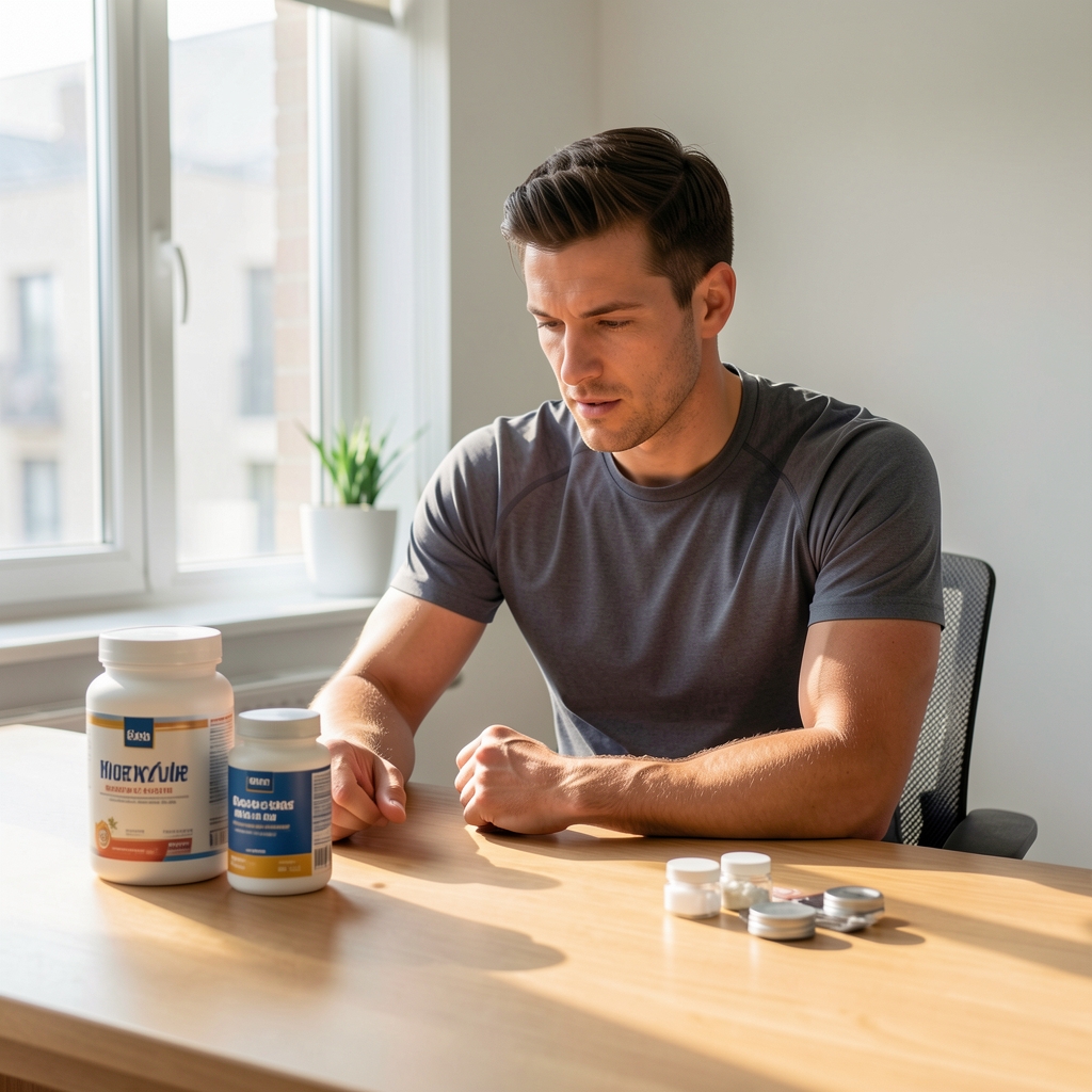 Man in athletic wear reviewing his supplement routine at a clean wooden desk with morning light